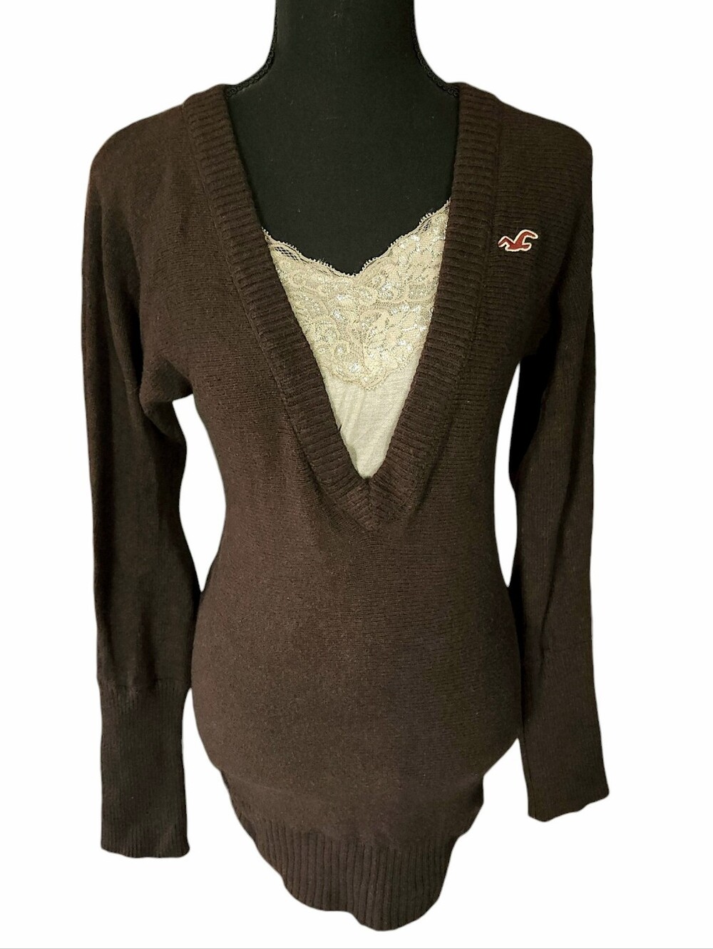 Vtg Y2k Hollister Elena Gilbert Chocolate Brown V-Neck Long Sweater Sz L Logo
